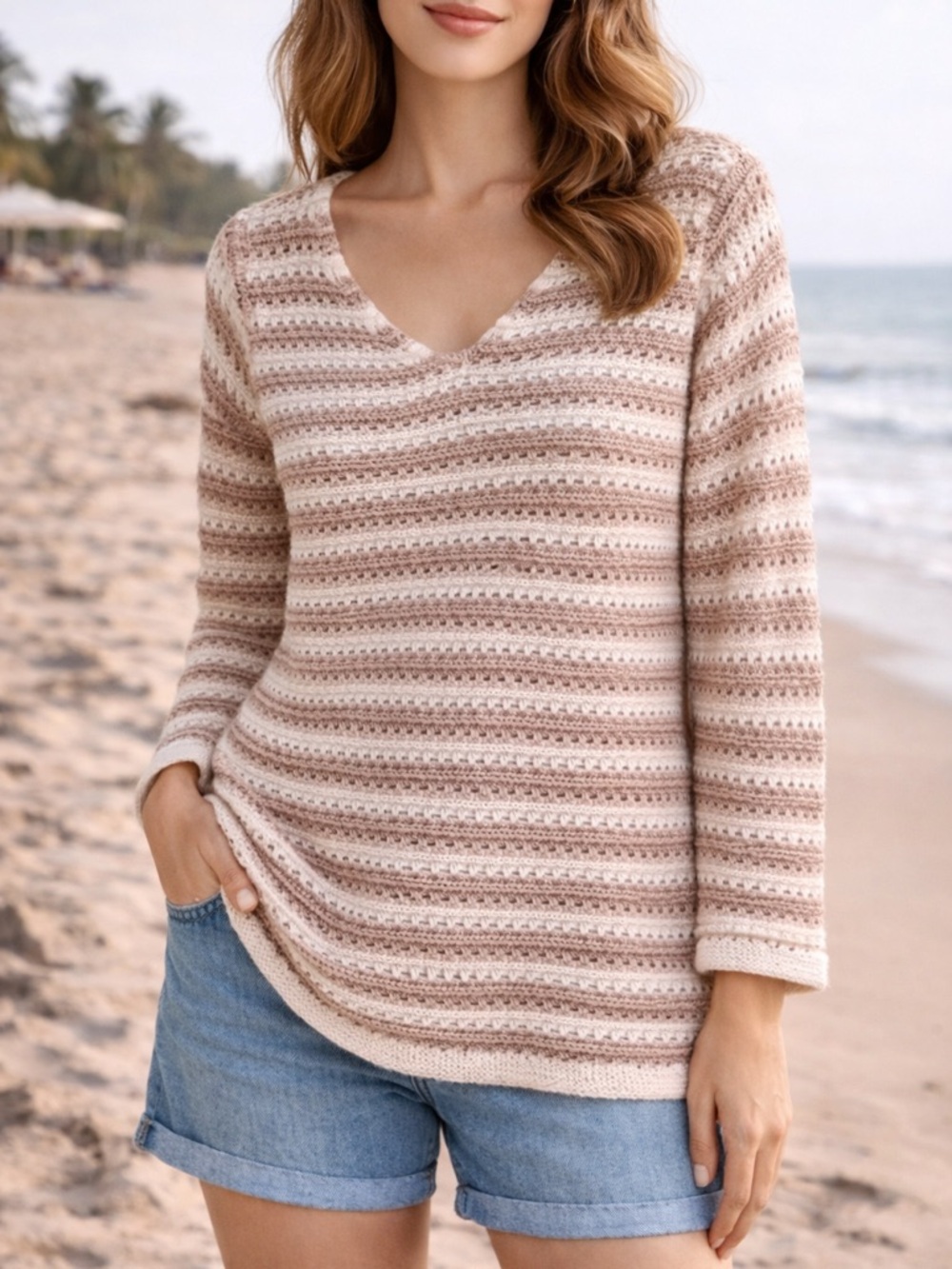 DANA BUCHMAN Coastal Crochet Sweater Lightweight V Neck Tunic Ivory Tan Beachy L